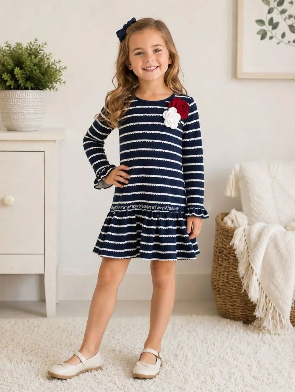 Pippa And Julie Navy Cream Frilled Skirt Knit Bodice Knit Flowers Dress Sz 6x